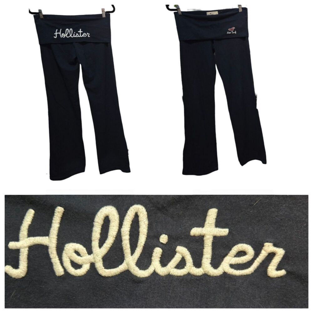 Y2K Hollister Solid Blue Vintage Script Lettering Foldover Yoga Pants Flare L
